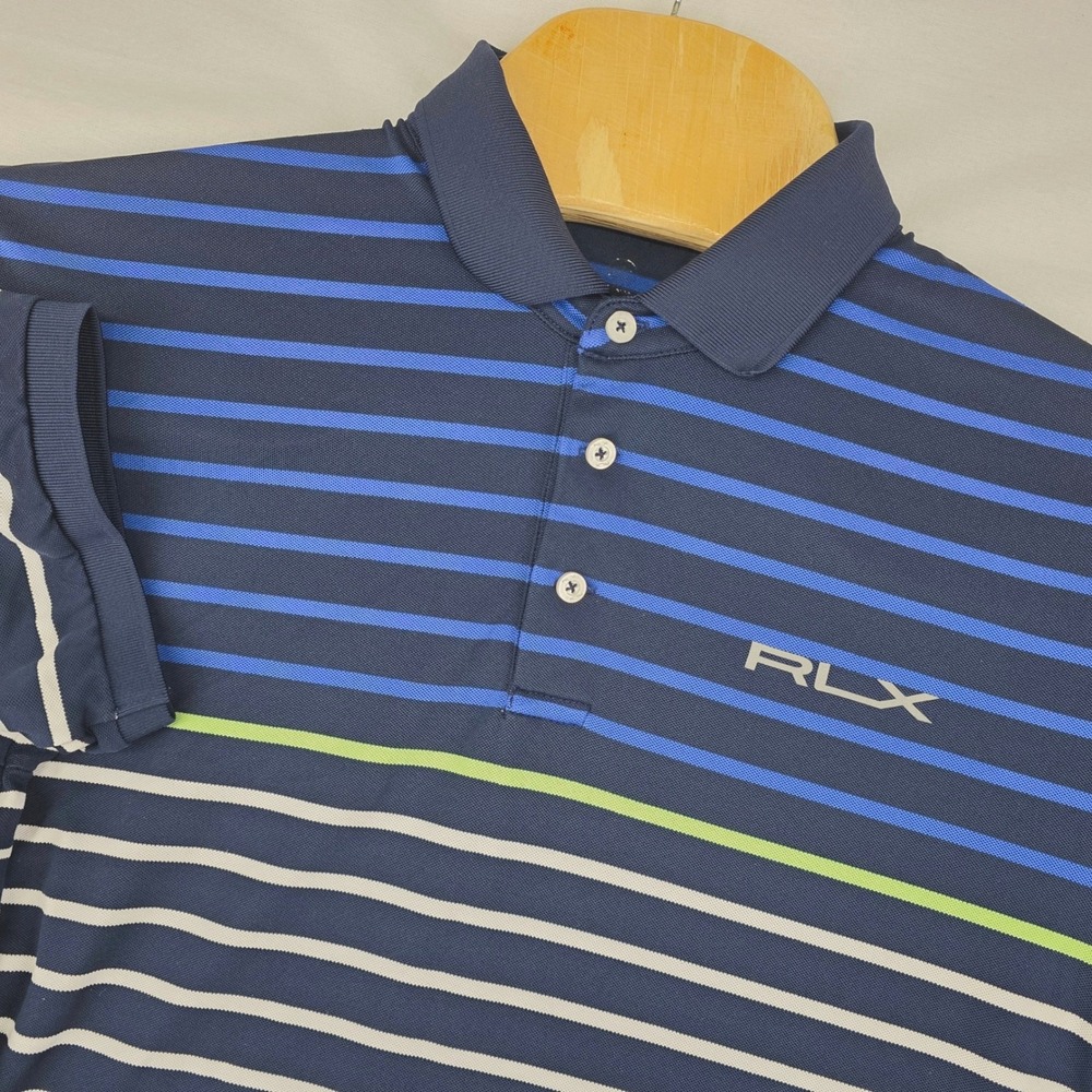 RLX Ralph Lauren Polo Shirt Mens XL Navy Blue Striped Performance Golf Short Slv